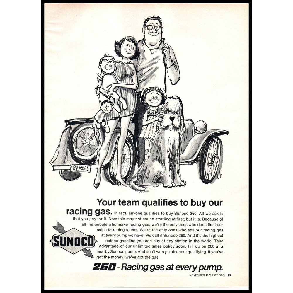 1970 Sunoco 260 Racing Gas Vintage Print Ad Family Car Shaggy Dog Wall Art